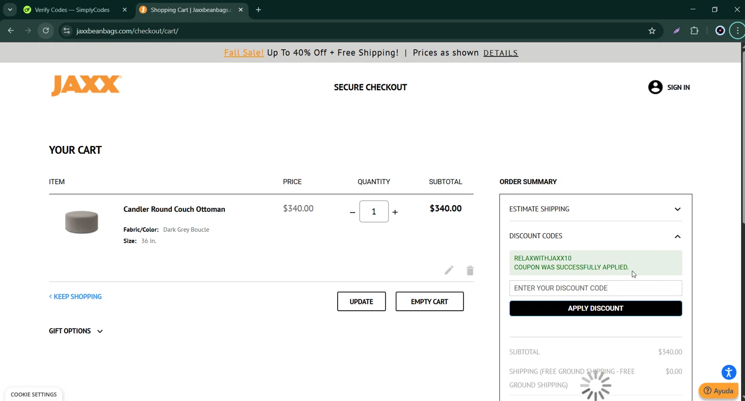 Jaxx checkout page showing Jaxx discount code box | Screenshot taken by SimplyCodes community member on Sep 15, 2025