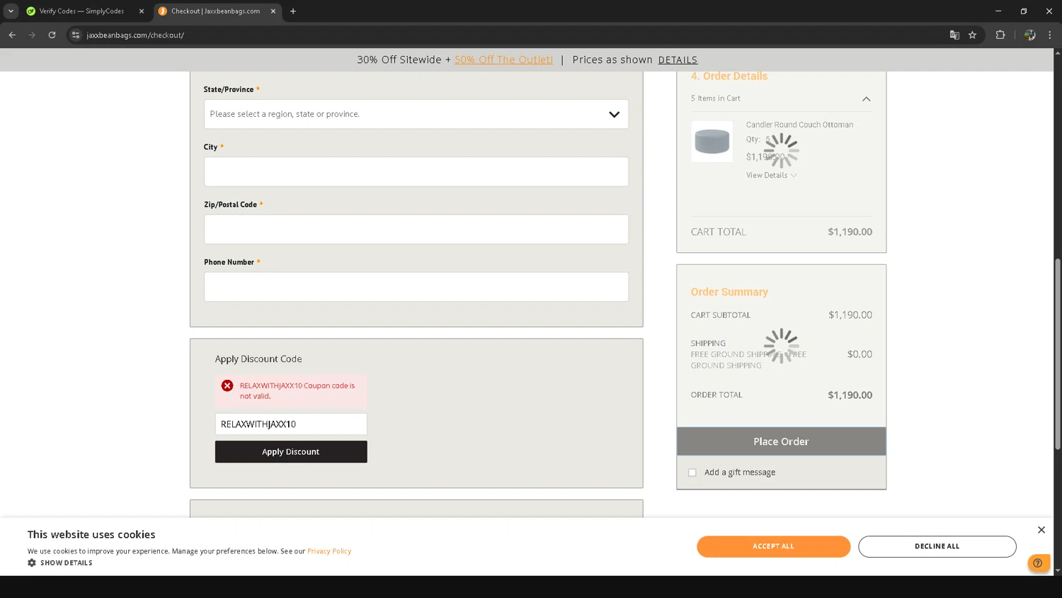 Jaxx discount code screenshot showing code RELAXWITHJAXX10 applied at Jaxx checkout page. Uploaded by SimplyCodes community member LegendaryTitan3375 on Nov 27, 2025
