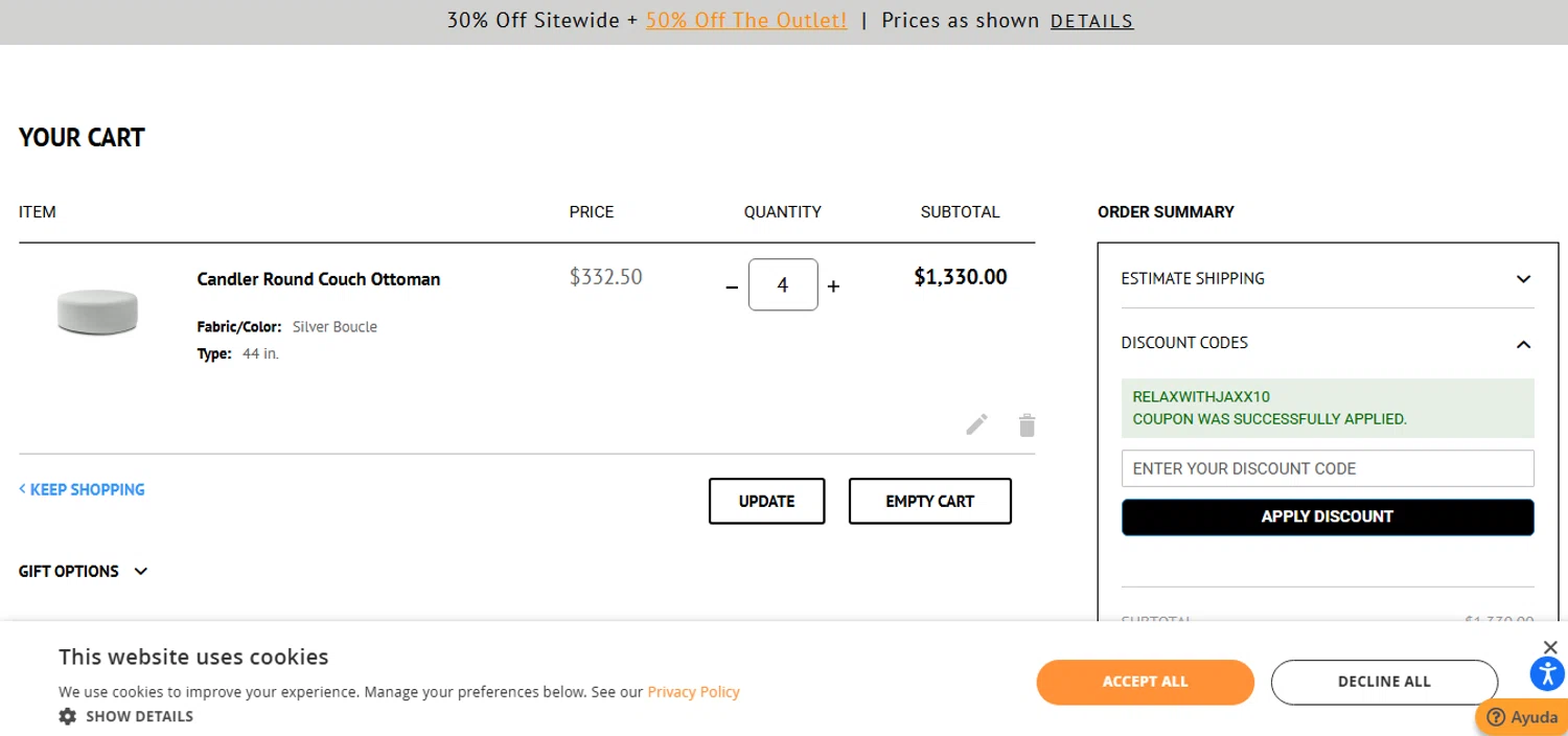 Jaxx discount code screenshot showing code RELAXWITHJAXX10 applied at Jaxx checkout page. Uploaded by SimplyCodes community member MagnificentCurator5441 on Nov 6, 2025