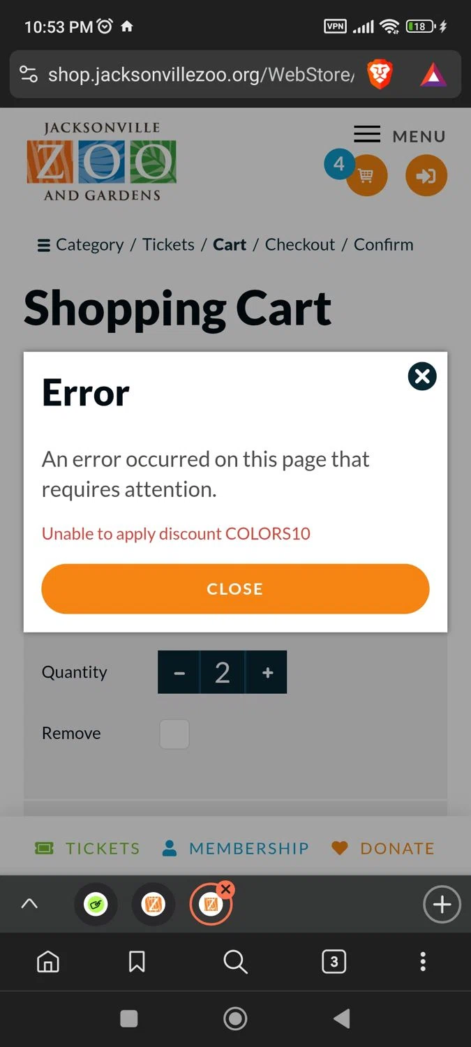 Jacksonville Zoo and Gardens discount code screenshot showing code COLORS10 applied at Jacksonville Zoo and Gardens checkout page. Uploaded by SimplyCodes community member BargainPioneer8286 on Mar 12, 2025