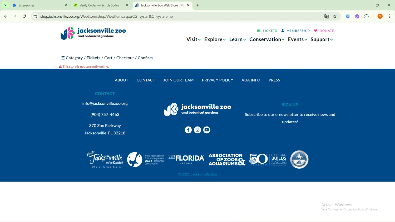 Jacksonville Zoo and Gardens discount code screenshot showing code VYSTARTY10 applied at Jacksonville Zoo and Gardens checkout page. Uploaded by SimplyCodes community member ExtraordinarySaver9637 on Oct 12, 2025