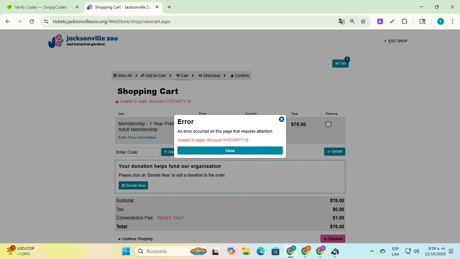 Jacksonville Zoo and Gardens discount code screenshot showing code VYSTARTY10 applied at Jacksonville Zoo and Gardens checkout page. Uploaded by SimplyCodes community member yadiracg074 on Oct 12, 2025