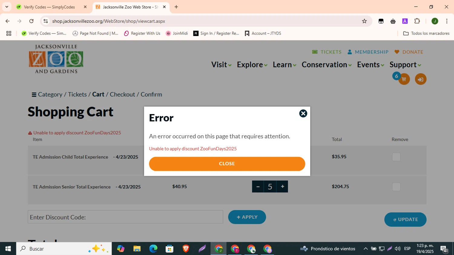 Jacksonville Zoo and Gardens discount code screenshot showing code ZooFunDays2025 applied at Jacksonville Zoo and Gardens checkout page. Uploaded by SimplyCodes community member CleverBoss9743 on Apr 19, 2025