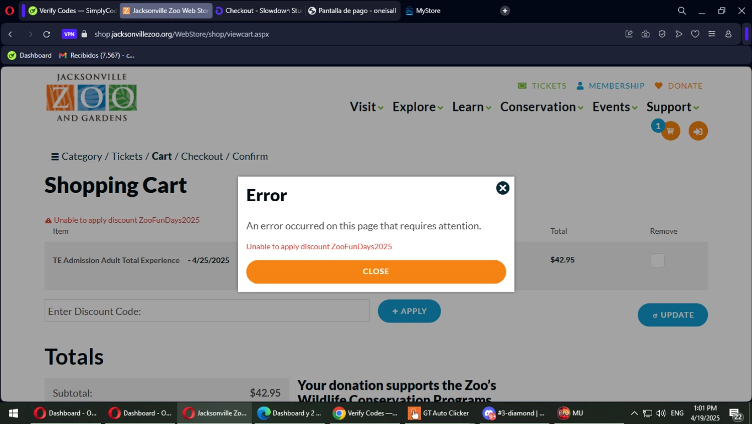 Jacksonville Zoo and Gardens discount code screenshot showing code ZooFunDays2025 applied at Jacksonville Zoo and Gardens checkout page. Uploaded by SimplyCodes community member Typhlosion on Apr 19, 2025