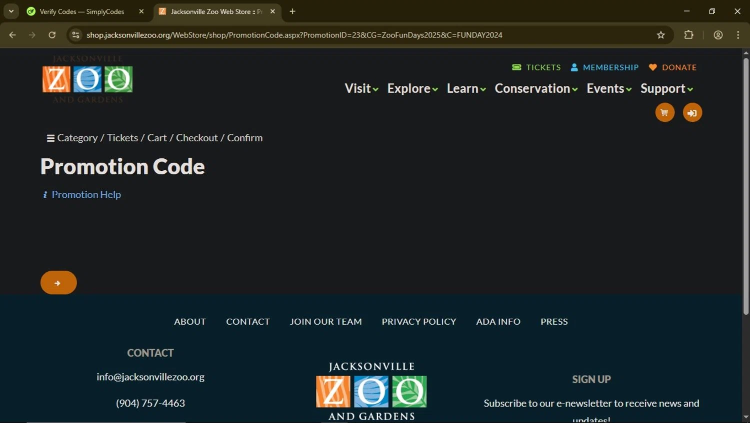 Jacksonville Zoo and Gardens discount code screenshot showing code ZooFunDays2025 applied at Jacksonville Zoo and Gardens checkout page. Uploaded by SimplyCodes community member FortunateElite8898 on Apr 19, 2025