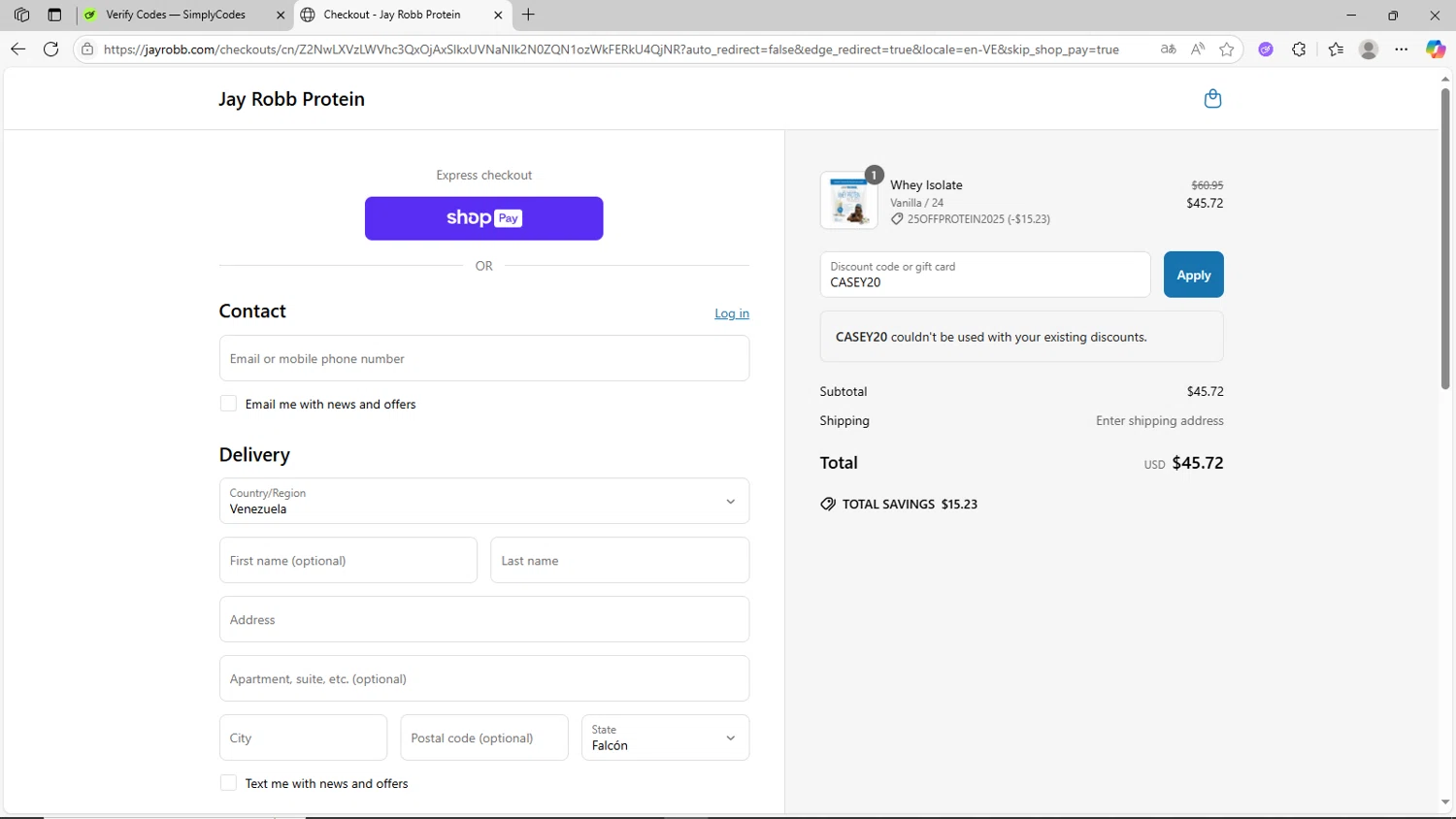 Jay Robb coupon code screenshot showing code CASEY20 applied at Jay Robb checkout page. Uploaded by SimplyCodes community member CrownShopper2899 on Jun 18, 2025