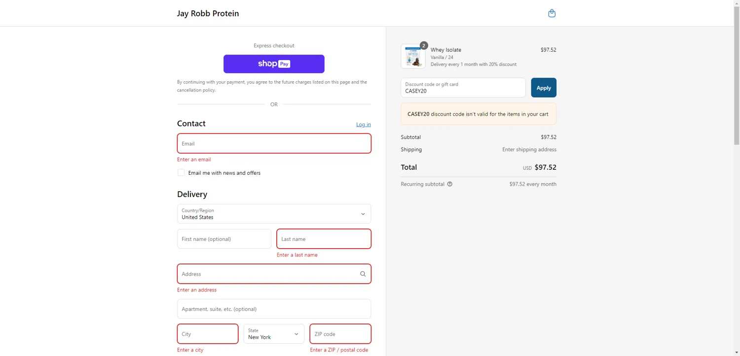 Jay Robb coupon code screenshot showing code CASEY20 applied at Jay Robb checkout page. Uploaded by SimplyCodes community member SilverChaser3269 on Jul 14, 2025