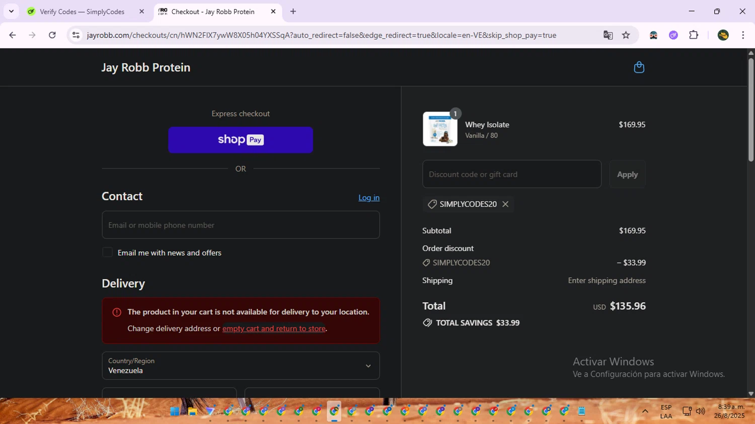 Jay Robb coupon code screenshot showing code SIMPLYCODES20 applied at Jay Robb checkout page. Uploaded by SimplyCodes community member RewardNavigator9728 on Aug 26, 2025