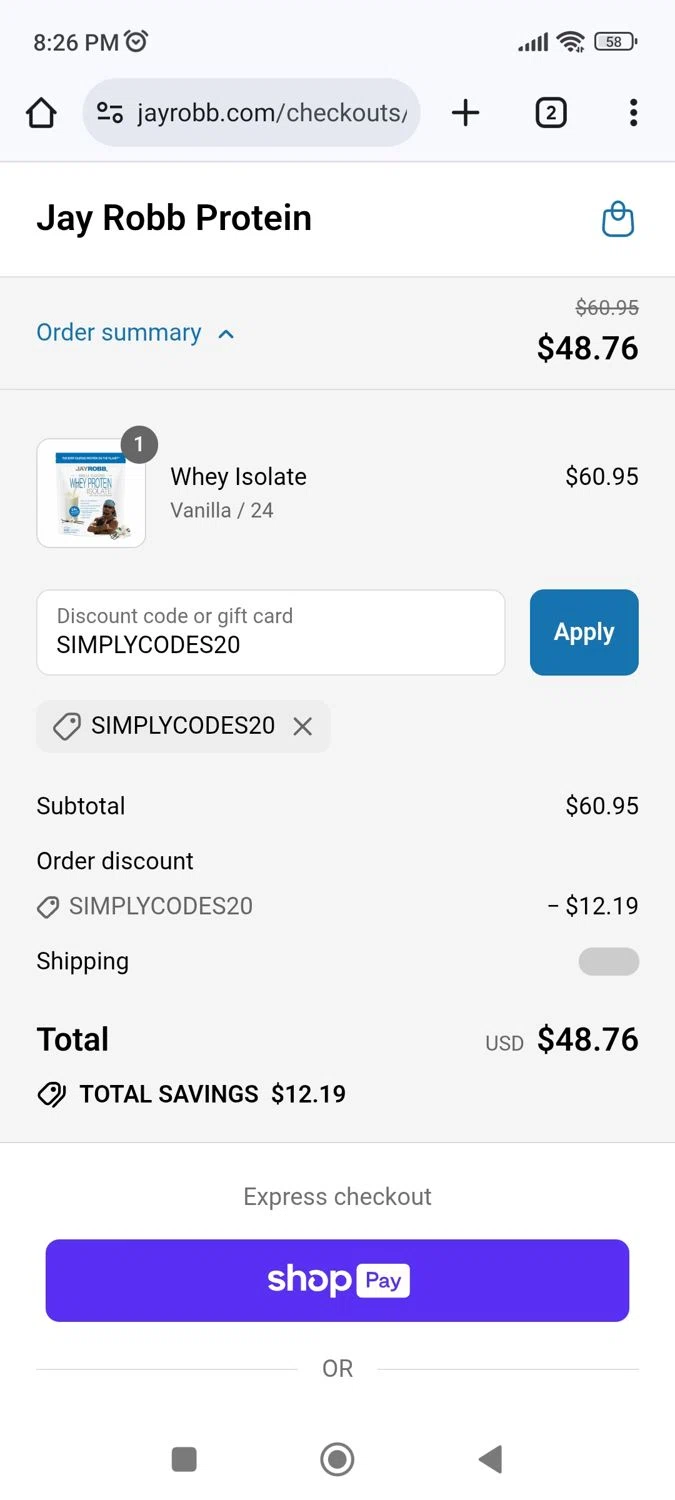 Jay Robb coupon code screenshot showing code SIMPLYCODES20 applied at Jay Robb checkout page. Uploaded by SimplyCodes community member Richard251 on Jul 14, 2025