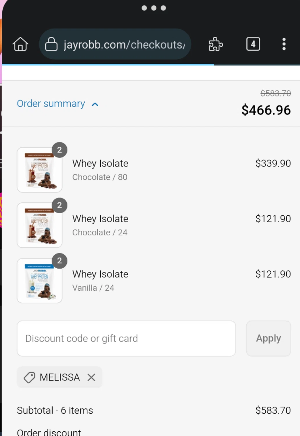 Jay Robb coupon code screenshot showing code Melissa applied at Jay Robb checkout page. Uploaded by SimplyCodes community member ExtraordinaryMaestro4194 on May 29, 2025