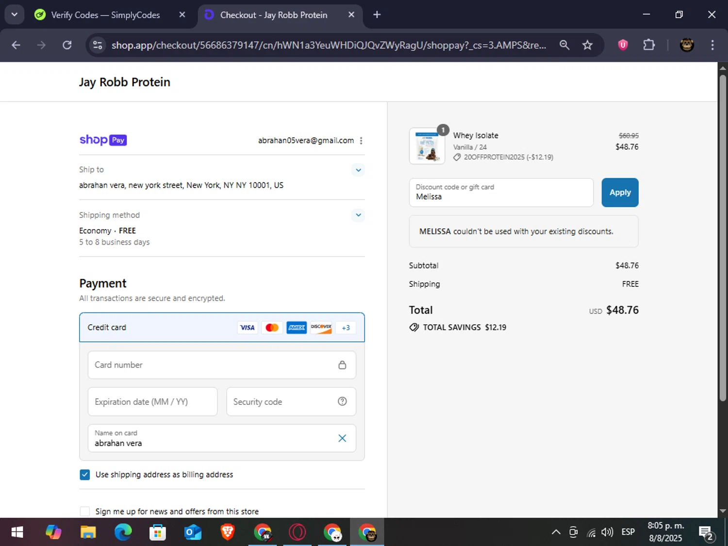 Jay Robb coupon code screenshot showing code Melissa applied at Jay Robb checkout page. Uploaded by SimplyCodes community member abrahanv on Aug 9, 2025