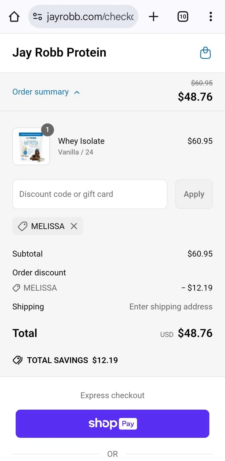 Jay Robb coupon code screenshot showing code Melissa applied at Jay Robb checkout page. Uploaded by SimplyCodes community member KarinaHZ on May 29, 2025