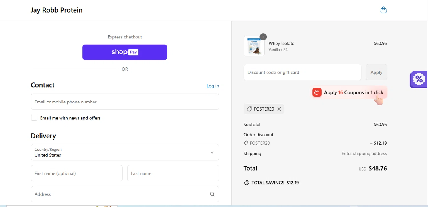 Jay Robb coupon code screenshot showing code FOSTER20 applied at Jay Robb checkout page. Uploaded by SimplyCodes community member shark12 on May 29, 2025