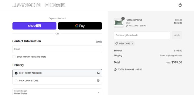 Jayson Home checkout page showing Jayson Home promo code box | Screenshot taken by SimplyCodes community member on Jun 20, 2025