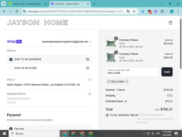 Jayson Home checkout page showing Jayson Home promo code box | Screenshot taken by SimplyCodes community member on Aug 5, 2025