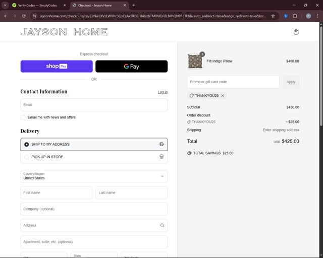Jayson Home checkout page showing Jayson Home promo code box | Screenshot taken by SimplyCodes community member on Jun 20, 2025