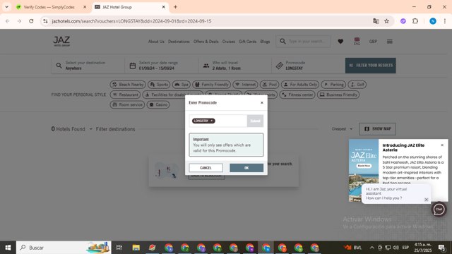 Jaz Hotel Group checkout page showing Jaz Hotel Group promo code box | Screenshot taken by SimplyCodes community member on Jul 25, 2025