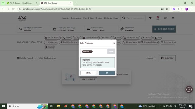 Jaz Hotel Group checkout page showing Jaz Hotel Group promo code box | Screenshot taken by SimplyCodes community member on Aug 19, 2025