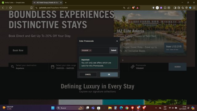 Jaz Hotel Group checkout page showing Jaz Hotel Group promo code box | Screenshot taken by SimplyCodes community member on Jul 12, 2025