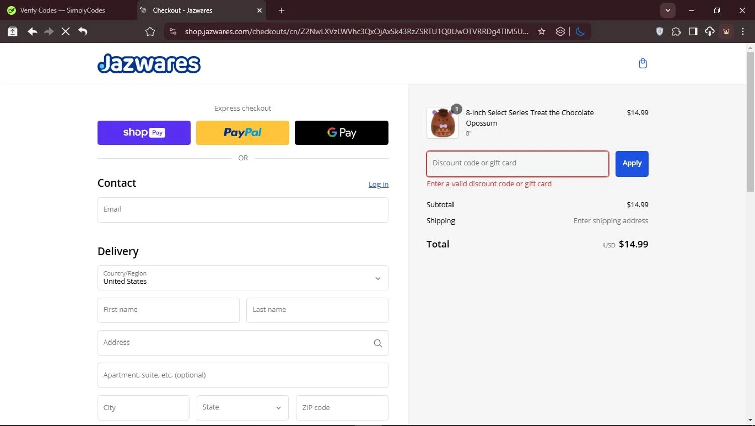 Jazwares discount code screenshot showing code WELCOME10 applied at Jazwares checkout page. Uploaded by SimplyCodes community member CleverPioneer8971 on Mar 1, 2025