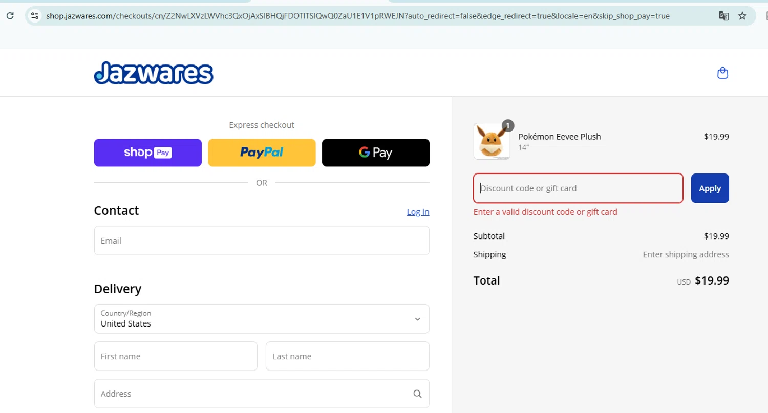 Jazwares discount code screenshot showing code WELCOME10 applied at Jazwares checkout page. Uploaded by SimplyCodes community member DiscountHero6788 on Mar 16, 2025