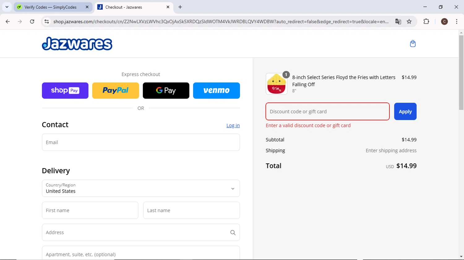 Jazwares discount code screenshot showing code WELCOME10 applied at Jazwares checkout page. Uploaded by SimplyCodes community member MoneyPilot9634 on Mar 9, 2025