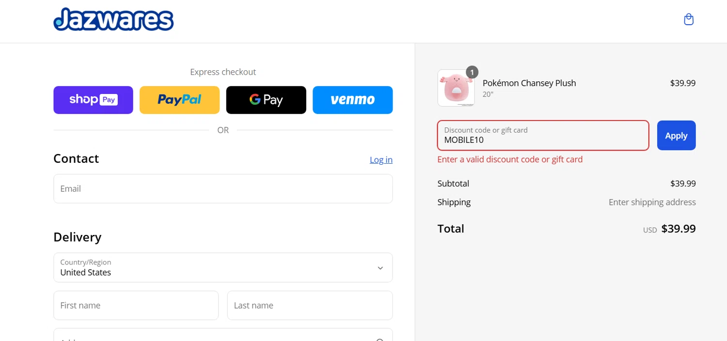 Jazwares discount code screenshot showing code MOBILE10 applied at Jazwares checkout page. Uploaded by SimplyCodes community member Coolemorestt on Mar 14, 2025