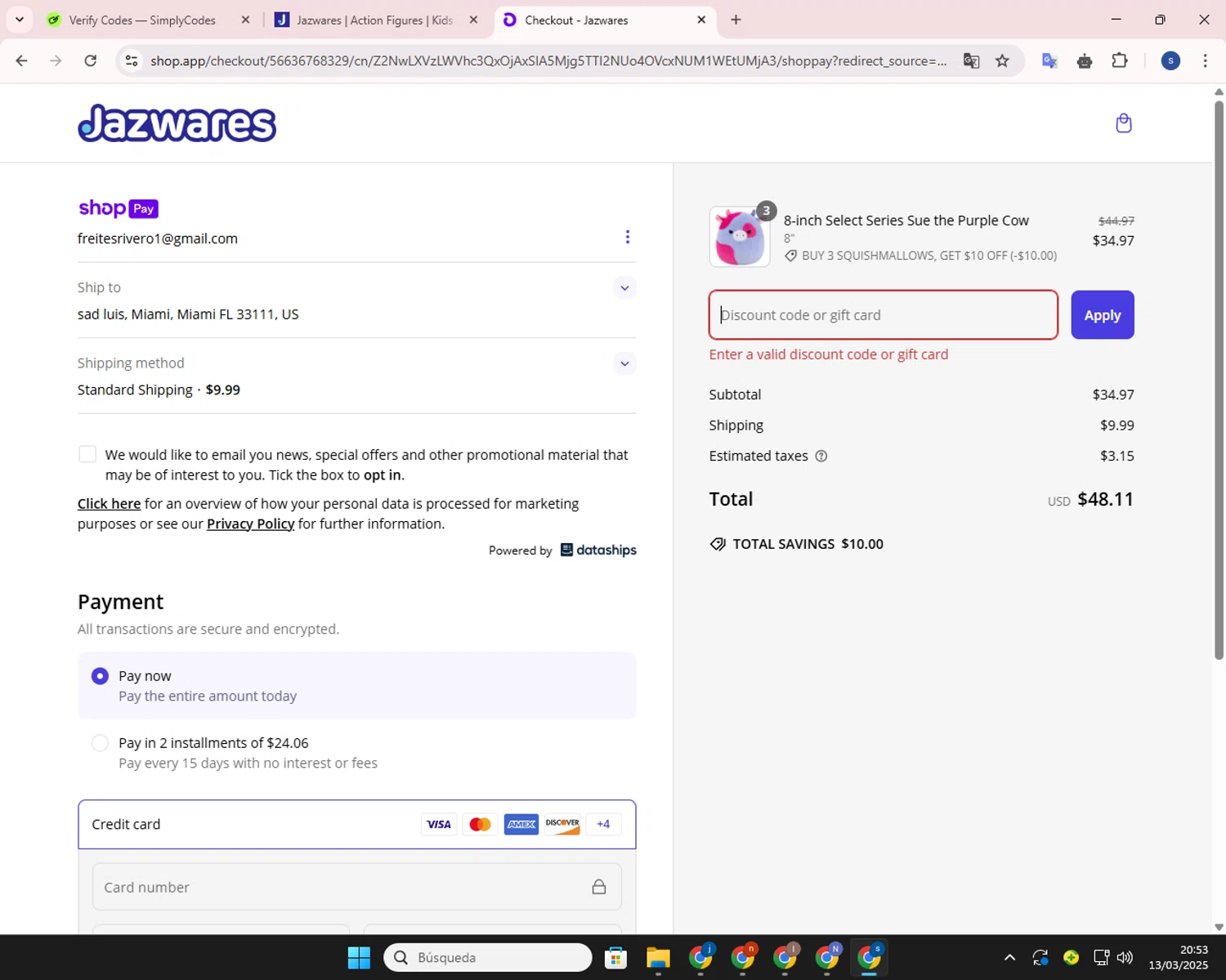 Jazwares discount code screenshot showing code MOBILE10 applied at Jazwares checkout page. Uploaded by SimplyCodes community member ExtraordinarySleuth4345 on Mar 14, 2025