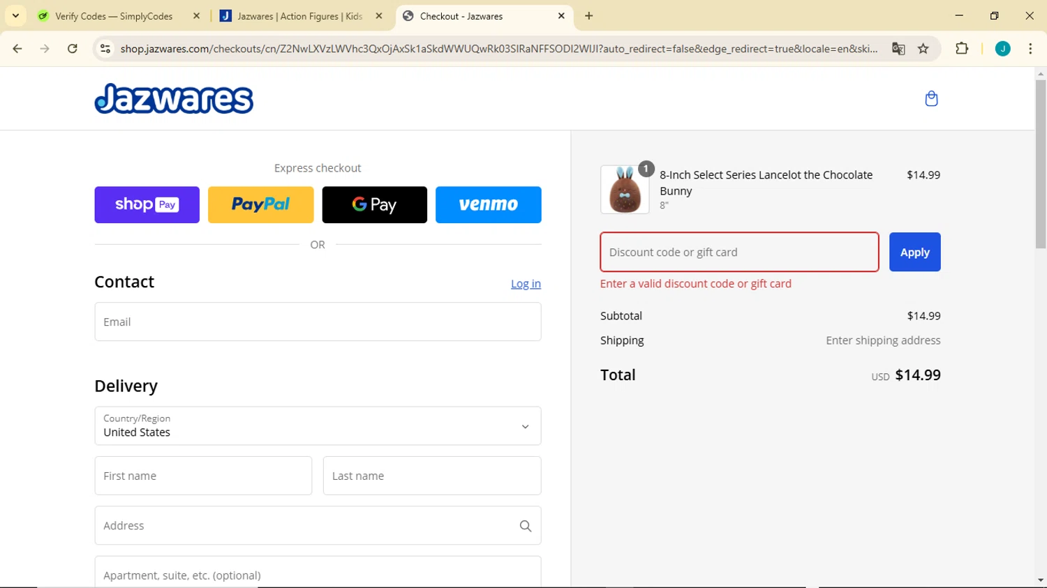 Jazwares discount code screenshot showing code MOBILE10 applied at Jazwares checkout page. Uploaded by SimplyCodes community member GoldDefender3268 on Feb 25, 2025
