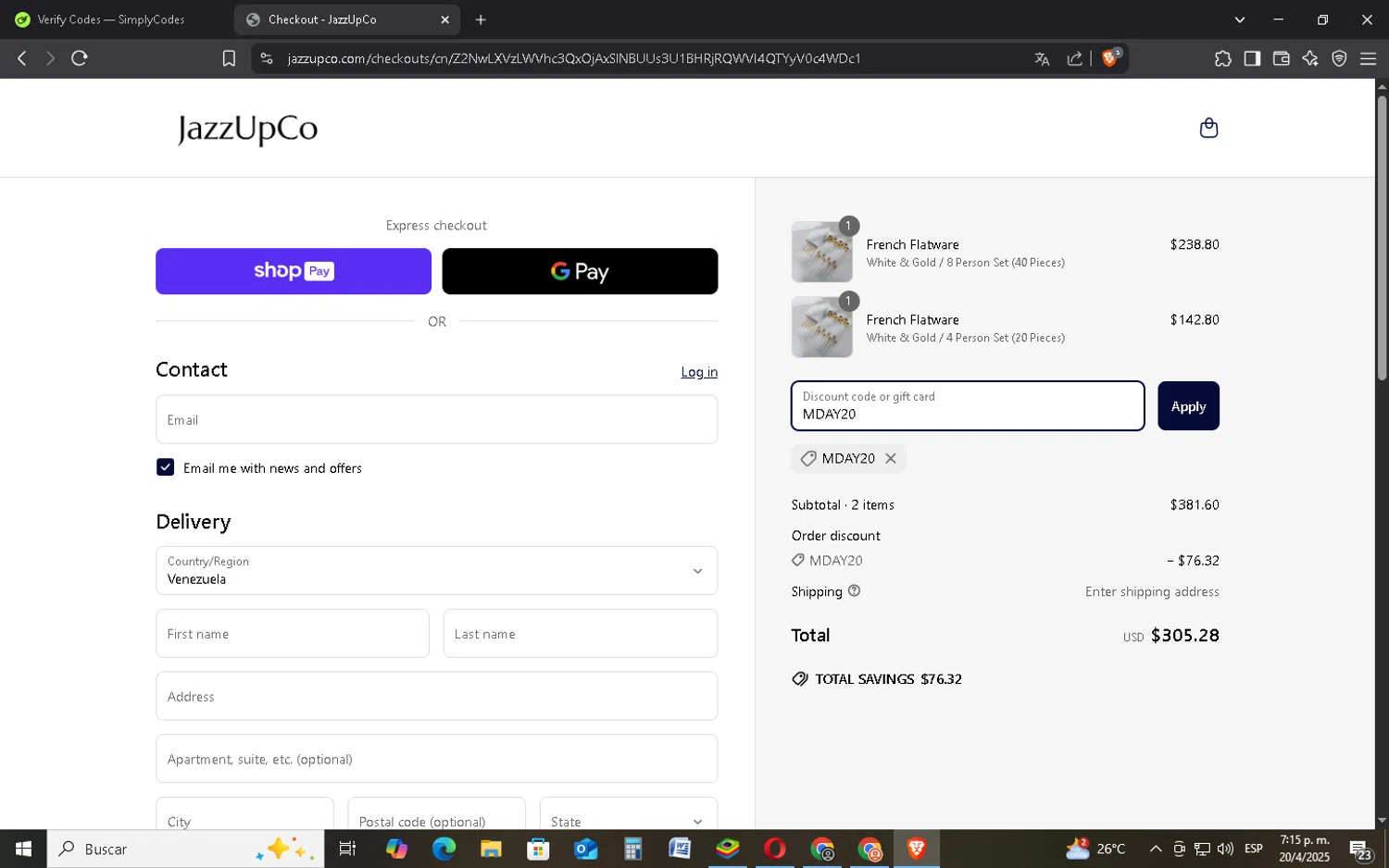 JAZZUPCO discount code screenshot showing code MDAY20 applied at JAZZUPCO checkout page. Uploaded by SimplyCodes community member FrugalMonarch7277 on Apr 20, 2025