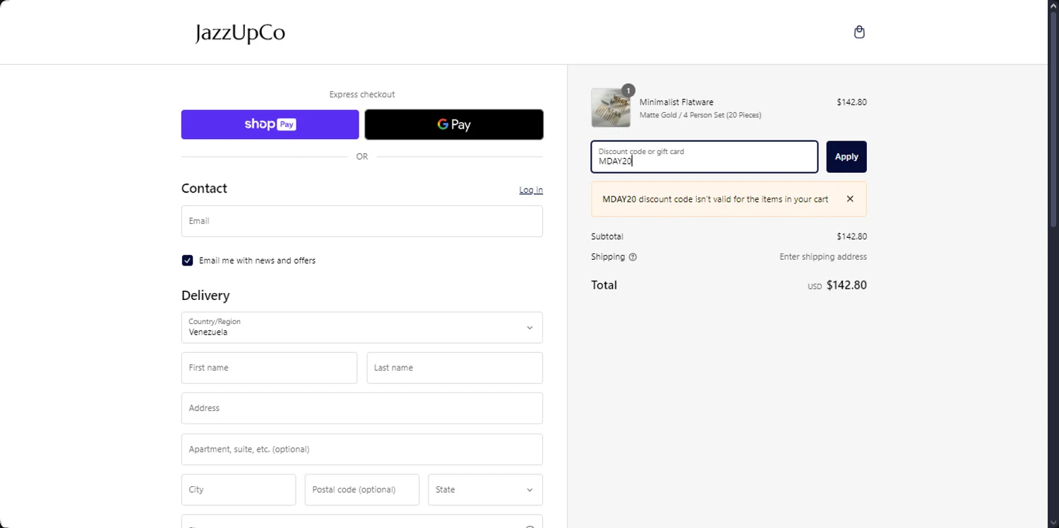 JAZZUPCO discount code screenshot showing code MDAY20 applied at JAZZUPCO checkout page. Uploaded by SimplyCodes community member the_loose_cannon on Dec 29, 2024