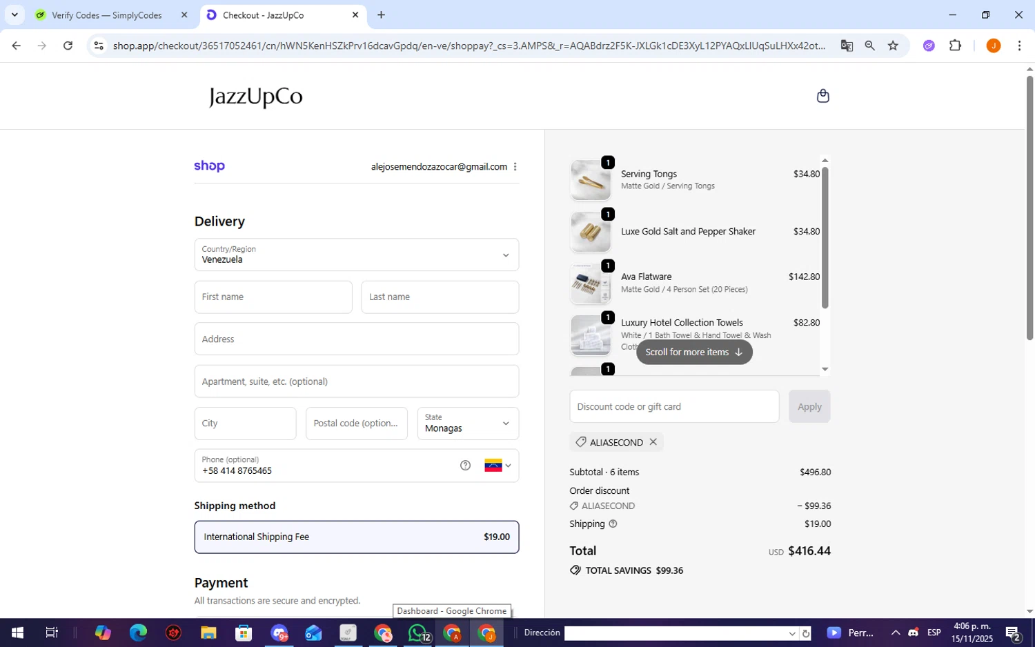 JAZZUPCO discount code screenshot showing code ALIASECOND applied at JAZZUPCO checkout page. Uploaded by SimplyCodes community member TheCreature on Nov 15, 2025