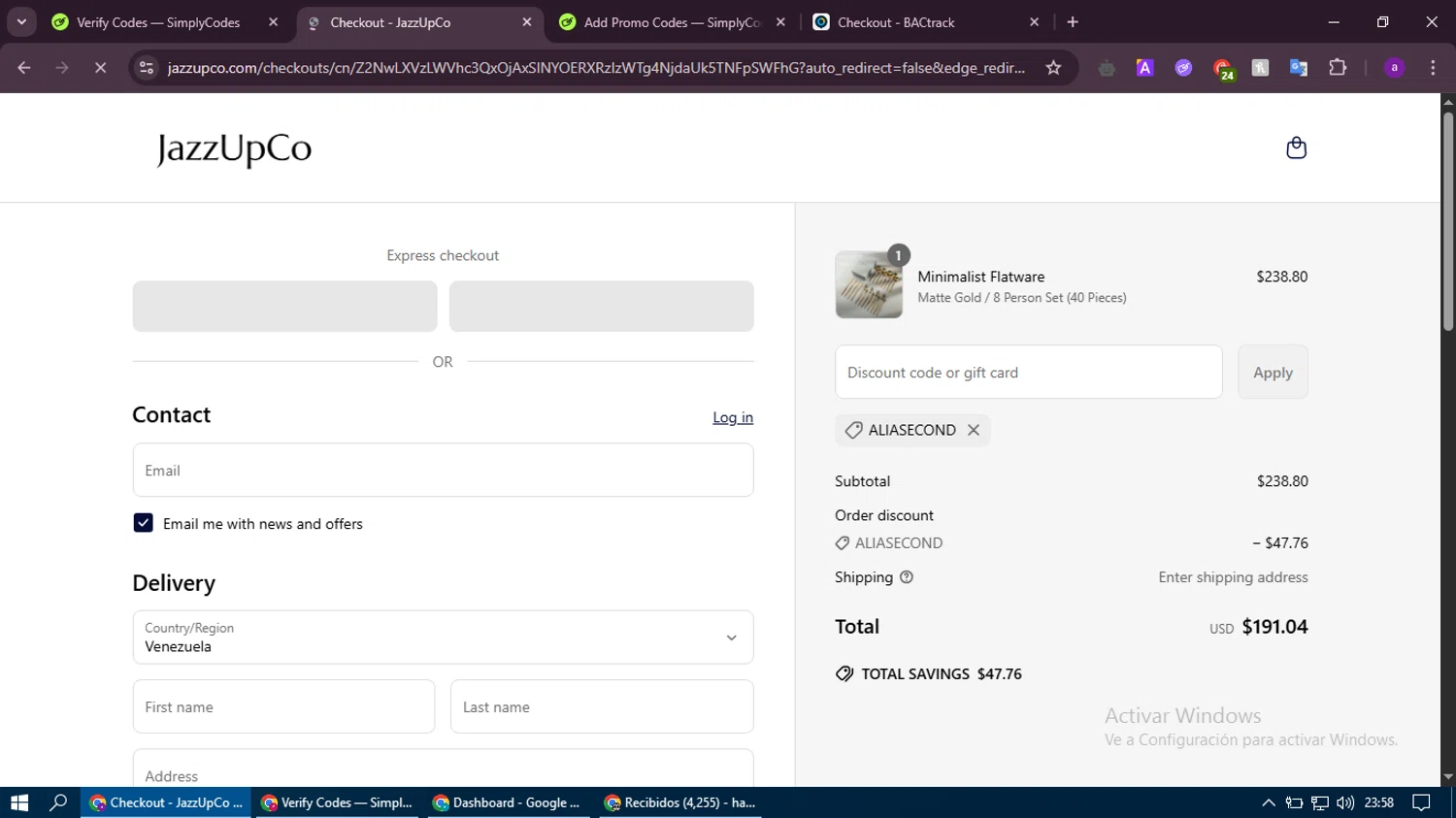 JAZZUPCO discount code screenshot showing code ALIASECOND applied at JAZZUPCO checkout page. Uploaded by SimplyCodes community member thethru on Apr 28, 2025
