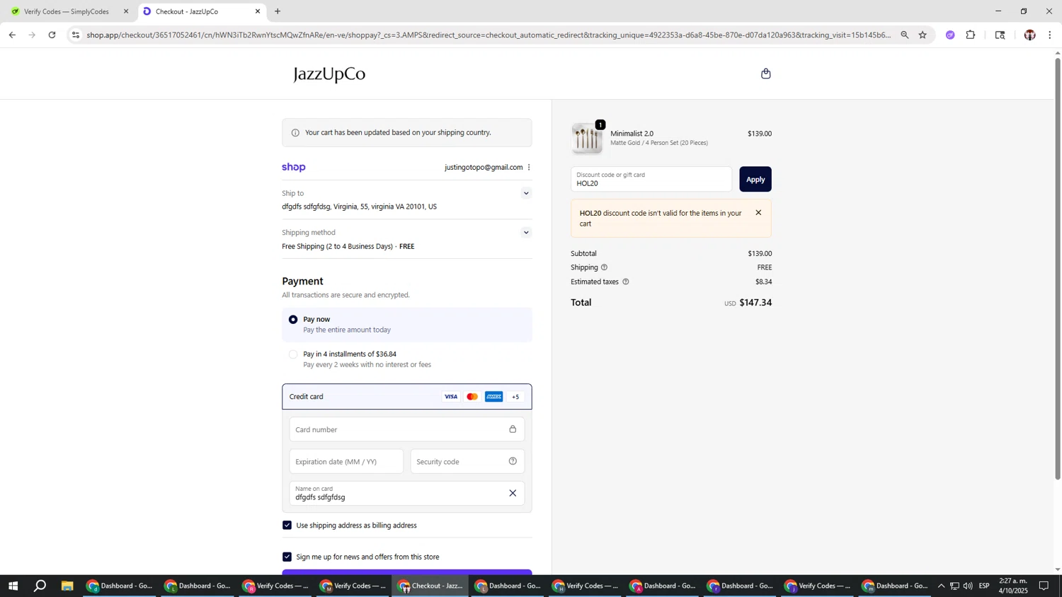 JAZZUPCO discount code screenshot showing code HOL20 applied at JAZZUPCO checkout page. Uploaded by SimplyCodes community member Salometta on Oct 4, 2025