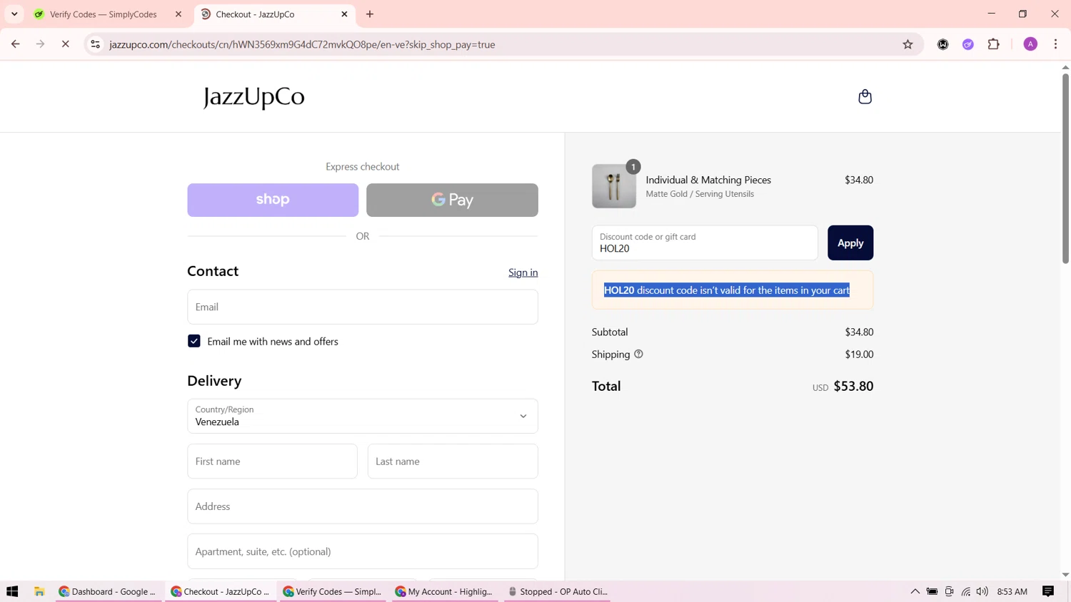 JAZZUPCO discount code screenshot showing code HOL20 applied at JAZZUPCO checkout page. Uploaded by SimplyCodes community member ShrewdMaverick9198 on Sep 17, 2025
