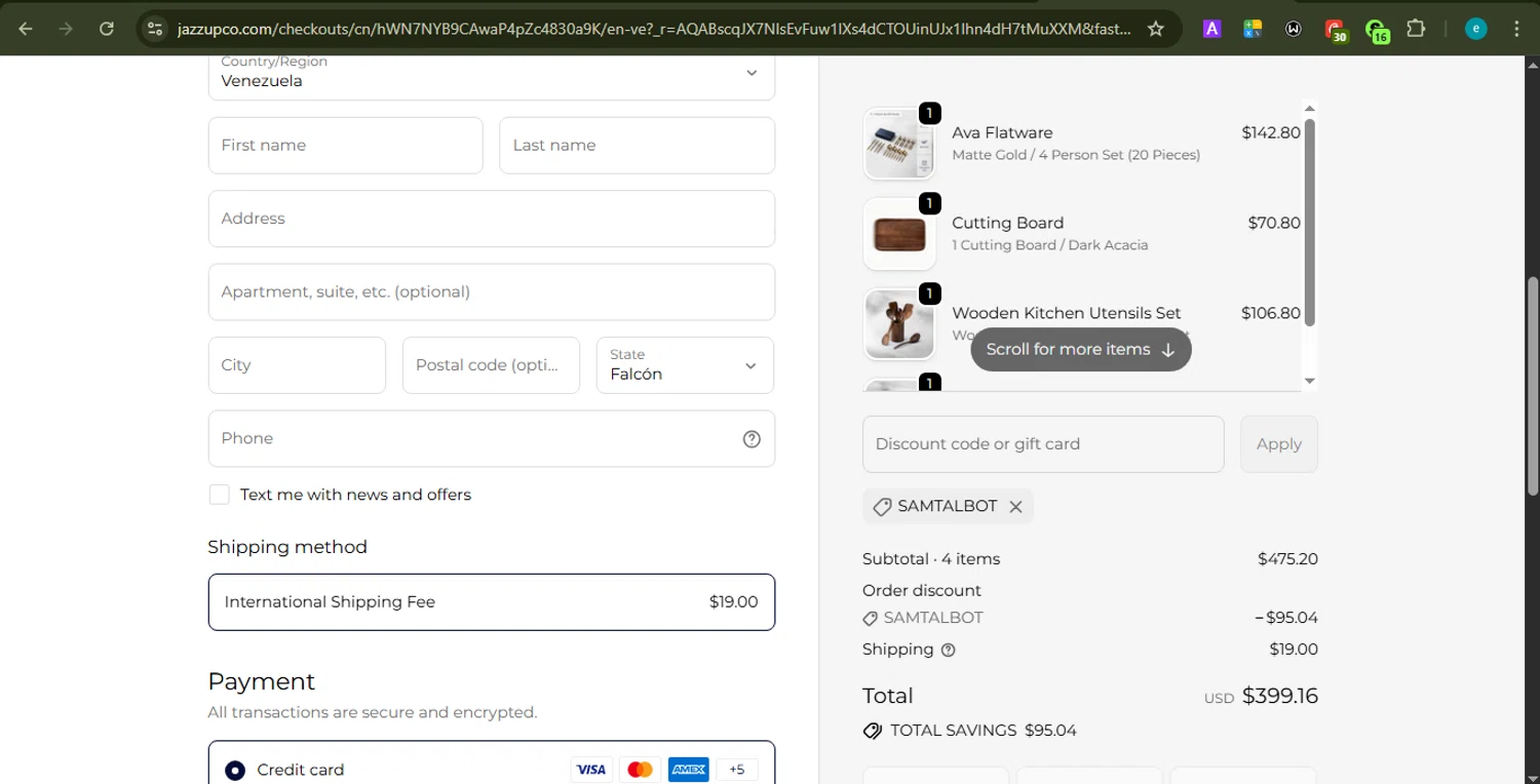 JAZZUPCO discount code screenshot showing code SAMTALBOT applied at JAZZUPCO checkout page. Uploaded by SimplyCodes community member PrincessCoupon on Jan 8, 2026