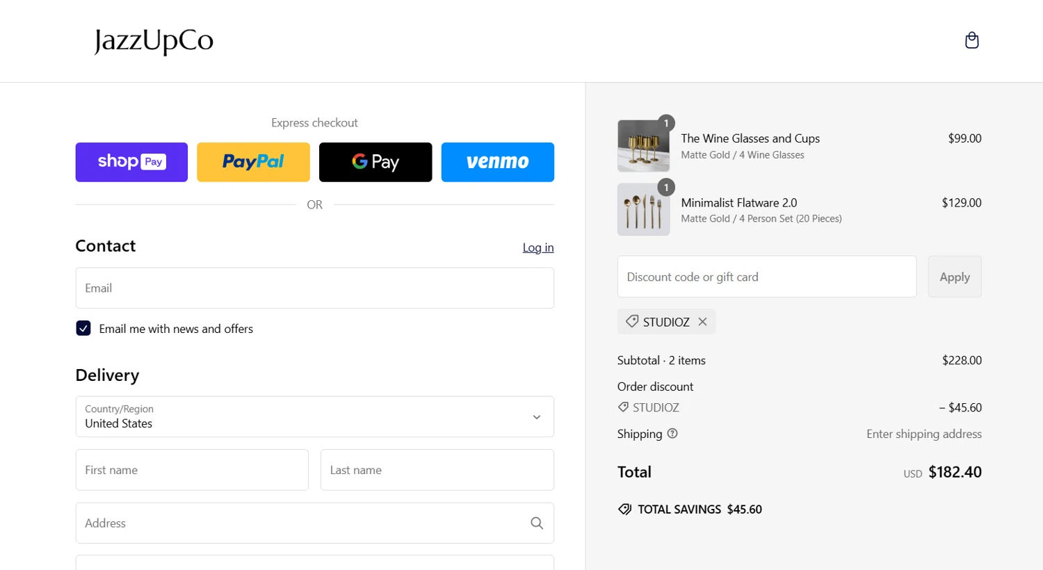 JAZZUPCO discount code screenshot showing code studioz applied at JAZZUPCO checkout page. Uploaded by SimplyCodes community member jade5416625024720 on Feb 20, 2025
