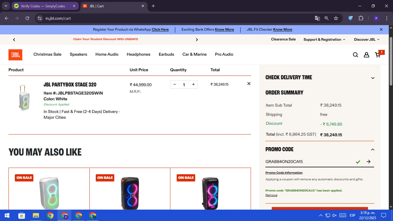 JBL promo code screenshot showing code GRAB84ON20CA15 applied at JBL checkout page. Uploaded by SimplyCodes community member RebateScout6612 on Dec 22, 2025