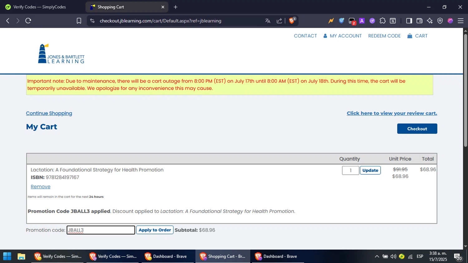 Jones & Bartlett Learning promo code screenshot showing code JBALL3 applied at Jones & Bartlett Learning checkout page. Uploaded by SimplyCodes community member NobleFox488 on Jul 15, 2025