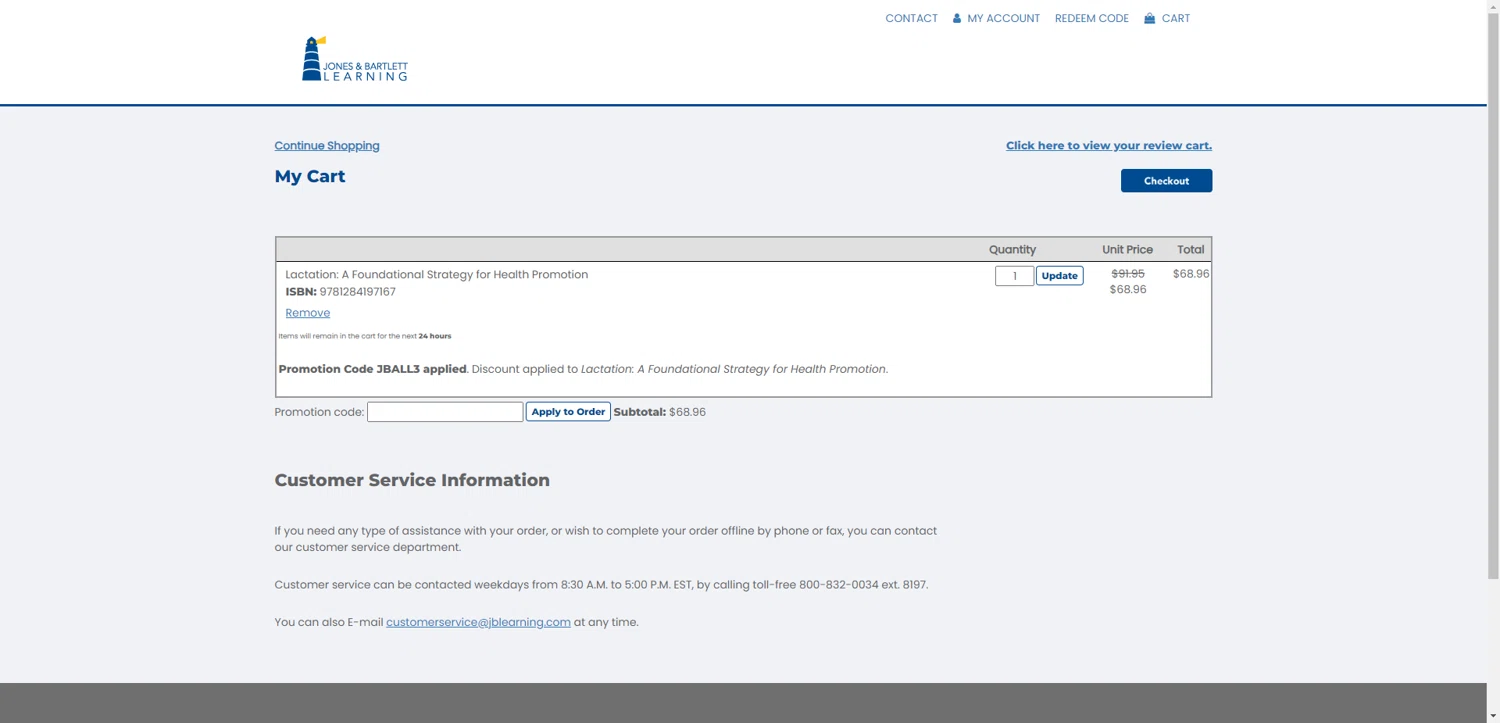 Jones & Bartlett Learning promo code screenshot showing code JBALL3 applied at Jones & Bartlett Learning checkout page. Uploaded by SimplyCodes community member ThriftyPhoenix5129 on Oct 9, 2025