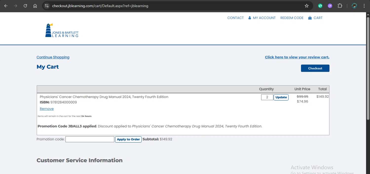 Jones & Bartlett Learning checkout page showing Jones & Bartlett Learning promo code box | Screenshot taken by SimplyCodes community member on Jan 15, 2026