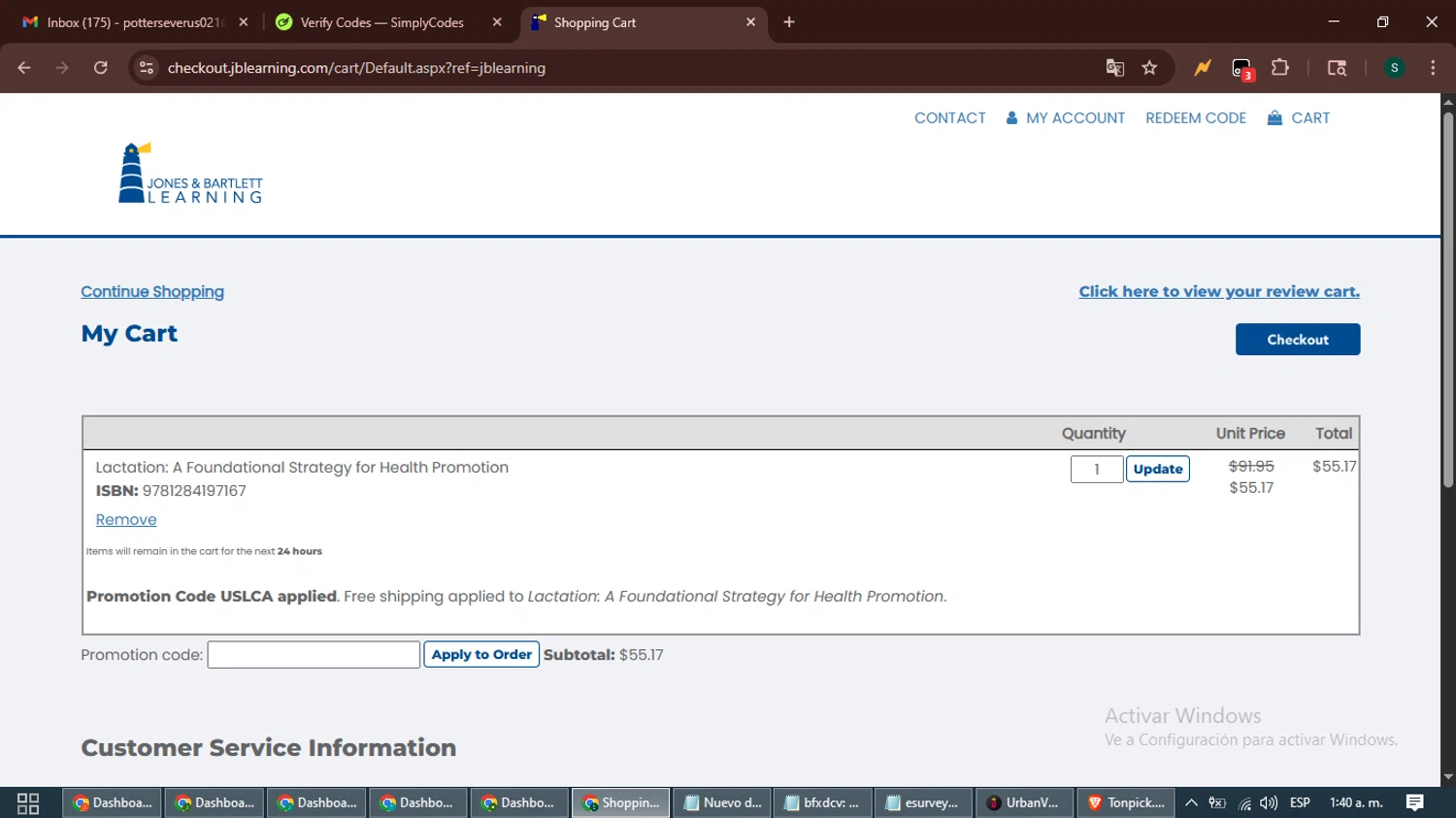 Jones & Bartlett Learning promo code screenshot showing code USLCA applied at Jones & Bartlett Learning checkout page. Uploaded by SimplyCodes community member ShrewdAce7935 on Aug 27, 2025
