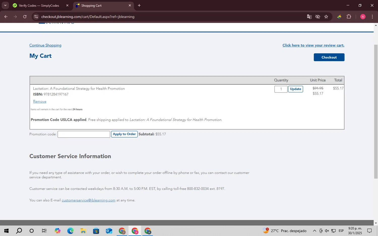 Jones & Bartlett Learning promo code screenshot showing code USLCA applied at Jones & Bartlett Learning checkout page. Uploaded by SimplyCodes community member SaleScholar6713 on Jan 31, 2025