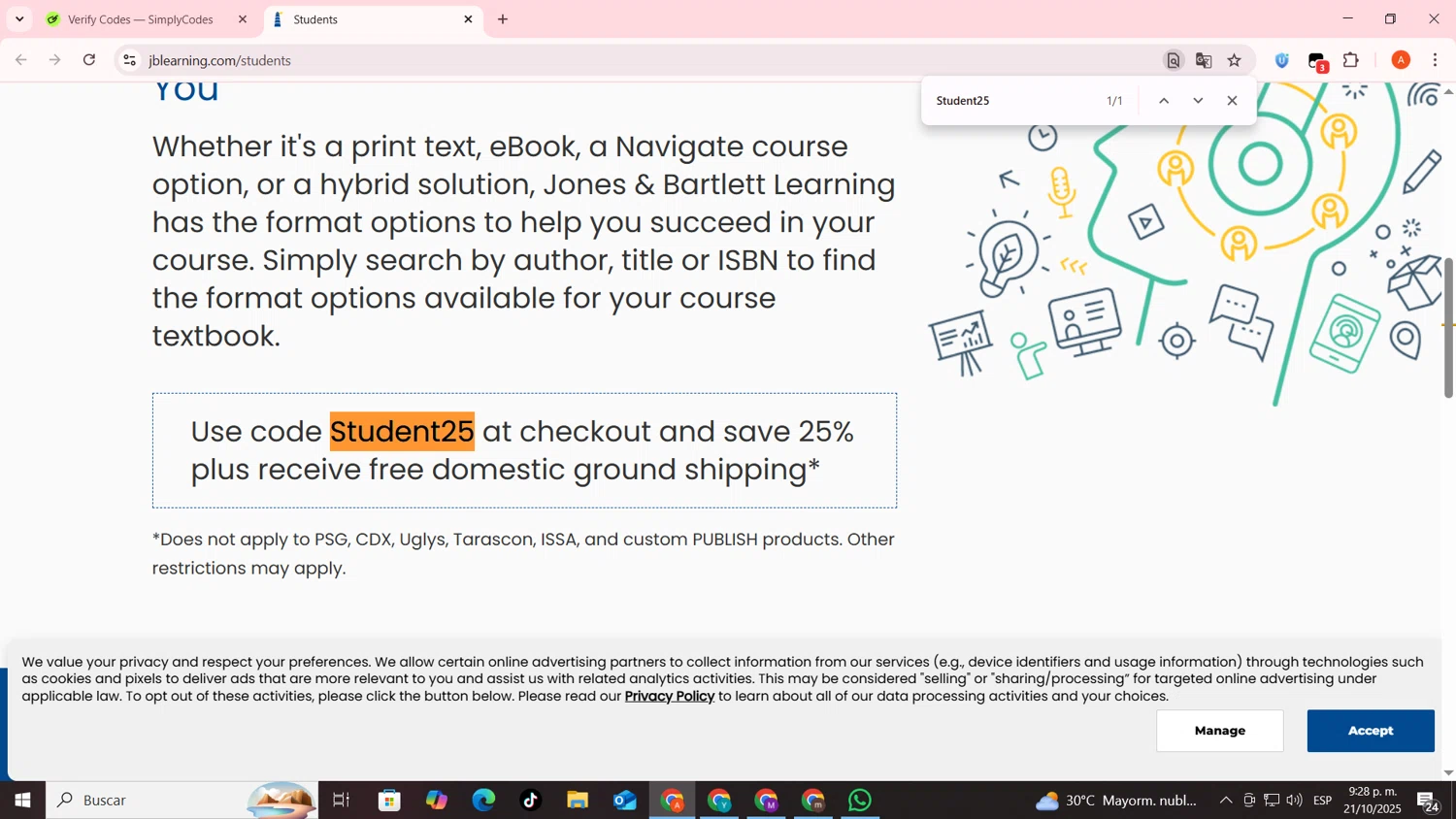 Jones & Bartlett Learning promo code screenshot showing code Student25 applied at Jones & Bartlett Learning checkout page. Uploaded by SimplyCodes community member FrugalSentinel6206 on Oct 22, 2025