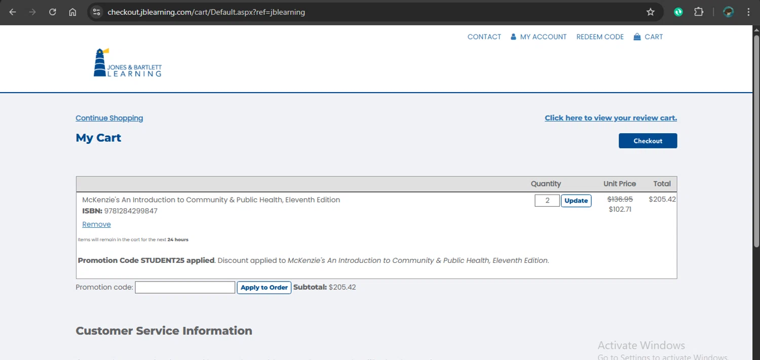 Jones & Bartlett Learning checkout page showing Jones & Bartlett Learning promo code box | Screenshot taken by SimplyCodes community member on Jan 19, 2026