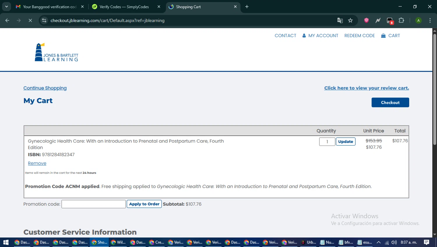 Jones & Bartlett Learning promo code screenshot showing code ACNM applied at Jones & Bartlett Learning checkout page. Uploaded by SimplyCodes community member CashLynx5338 on Jul 18, 2025