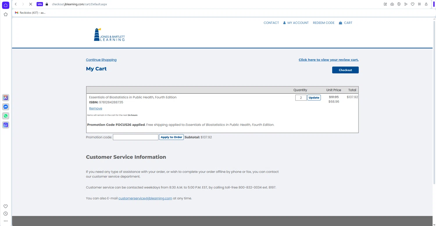 Jones & Bartlett Learning checkout page showing Jones & Bartlett Learning promo code box | Screenshot taken by SimplyCodes community member on Jan 10, 2026