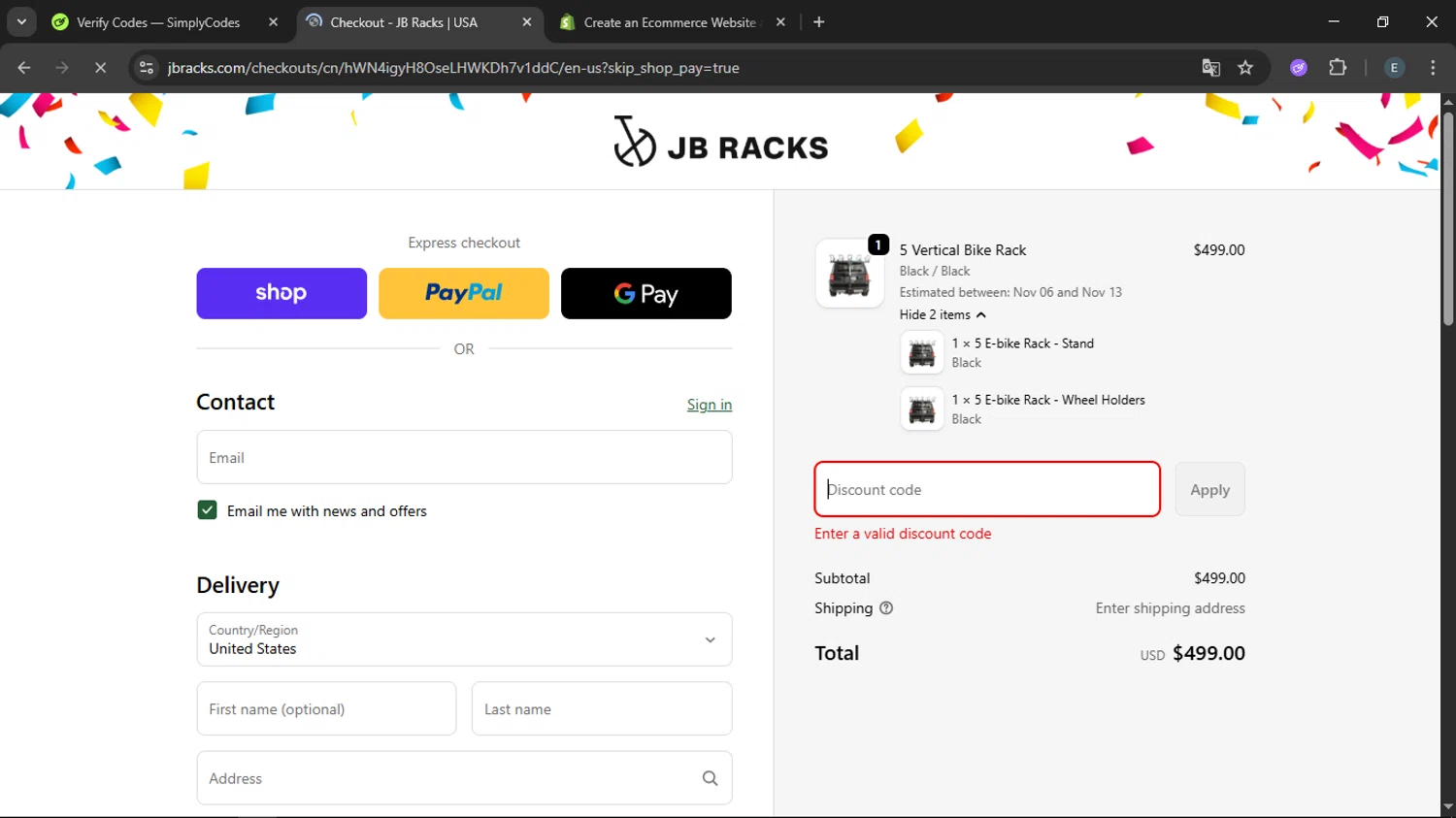 JB Racks US promo code screenshot showing code JB20 applied at JB Racks US checkout page. Uploaded by SimplyCodes community member LegendaryFox9861 on Oct 30, 2025