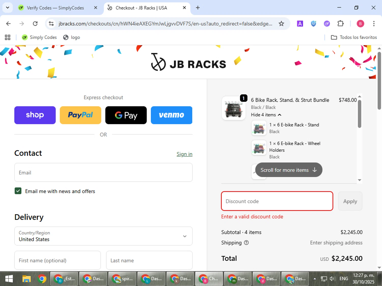 JB Racks US promo code screenshot showing code JB20 applied at JB Racks US checkout page. Uploaded by SimplyCodes community member bombontropical on Oct 30, 2025