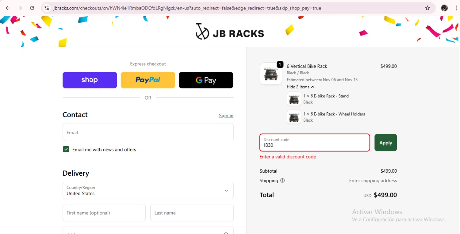 JB Racks US promo code screenshot showing code JB30 applied at JB Racks US checkout page. Uploaded by SimplyCodes community member MagnificentAdmiral9096 on Oct 30, 2025